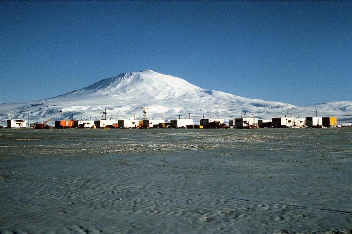 Mount Erebus overshadows the ice runway facility near McMurdo Station.